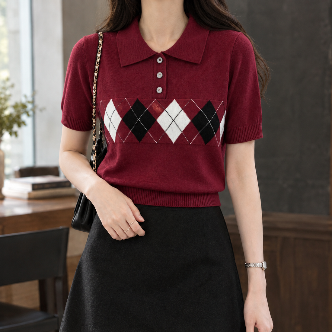 Selma-Pearl Argyle Polo - Maroon Red