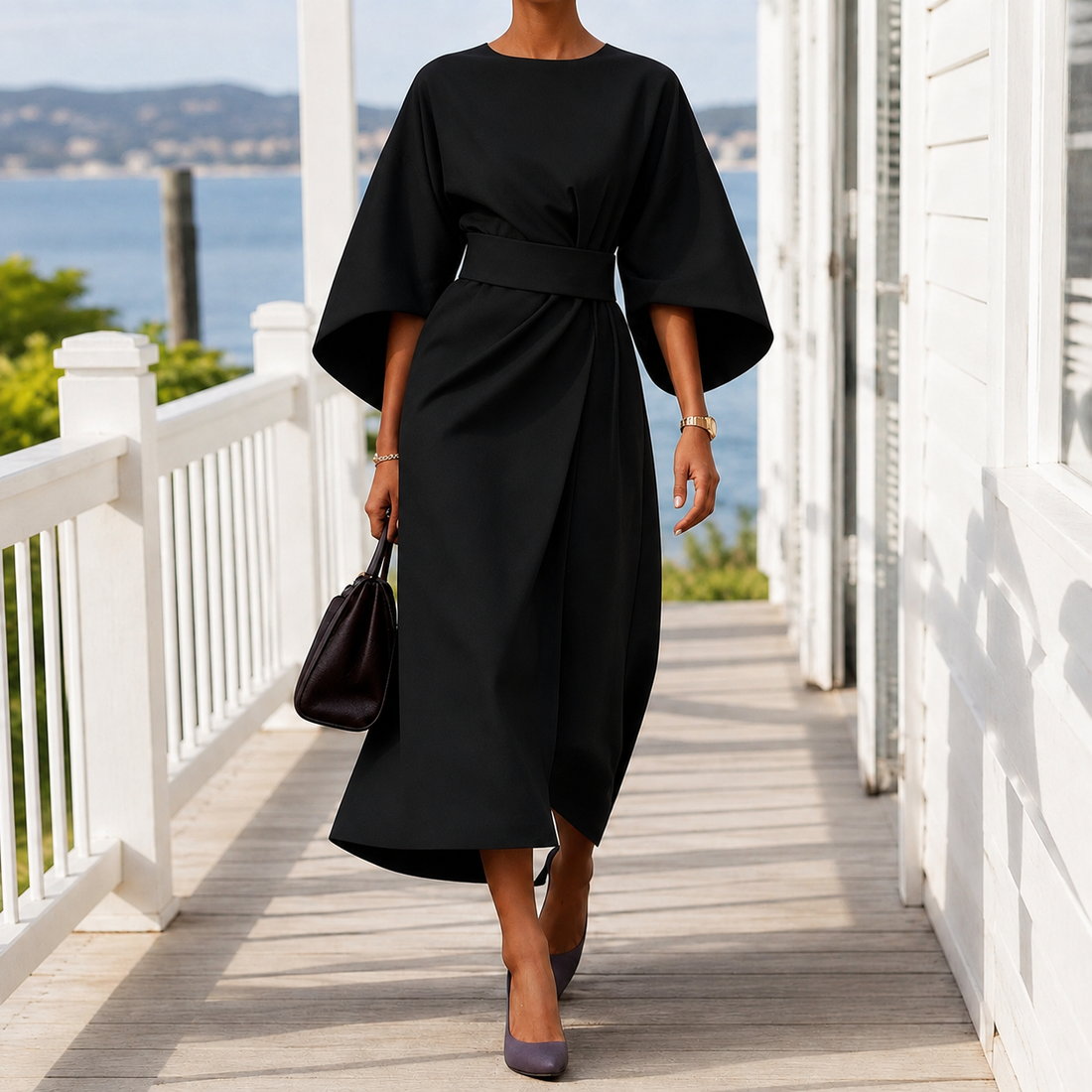 Astrid-Hope Belted Midi Dress - Black