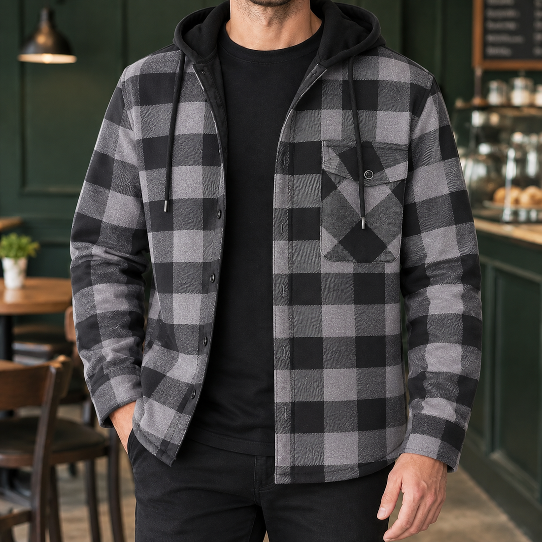 Sterling Hooded Plaid Jacket - Dark Gray