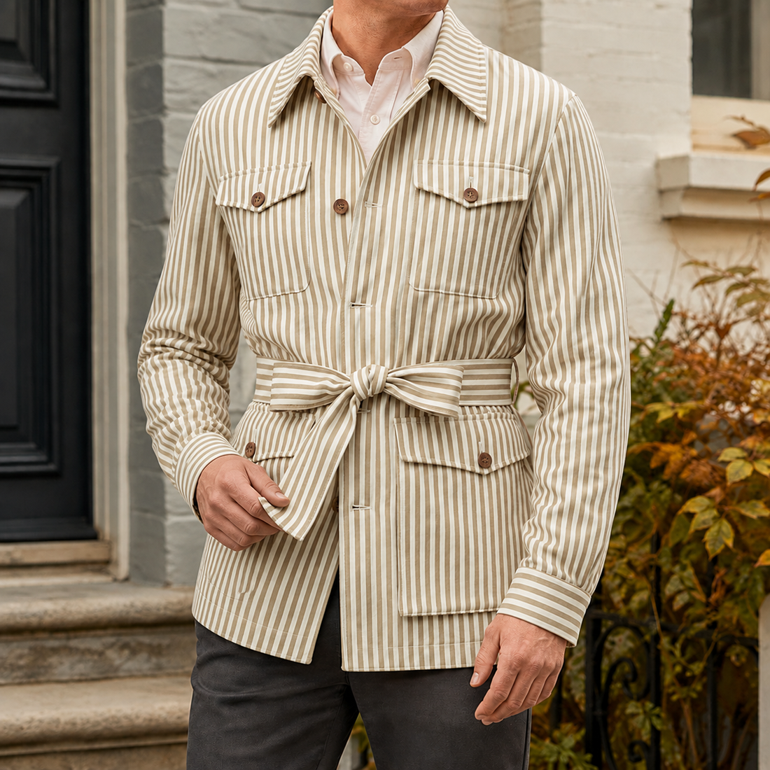 Dorian Striped Safari Jacket - Olive