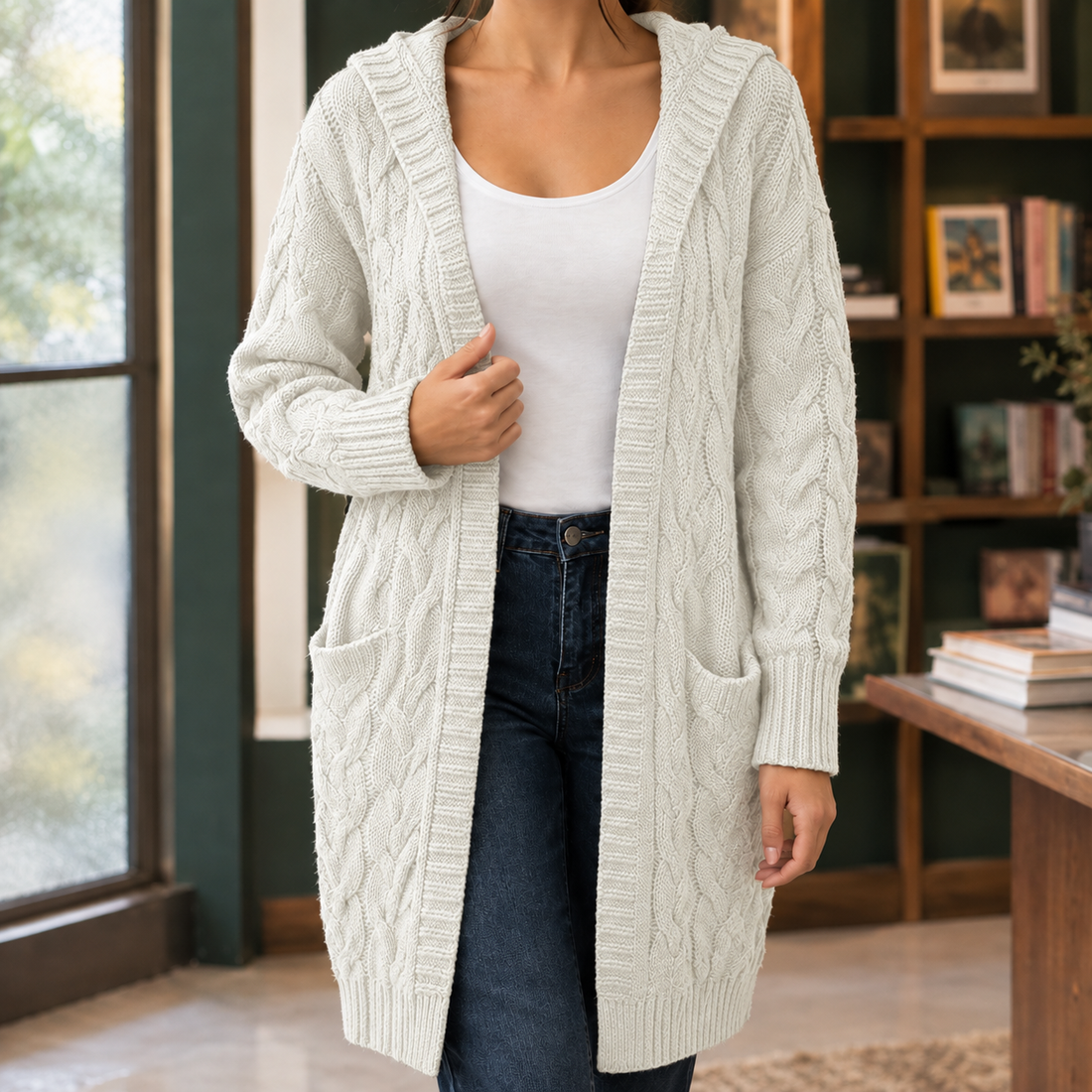 Giselle-Eve Cable Knit Cardigan - White