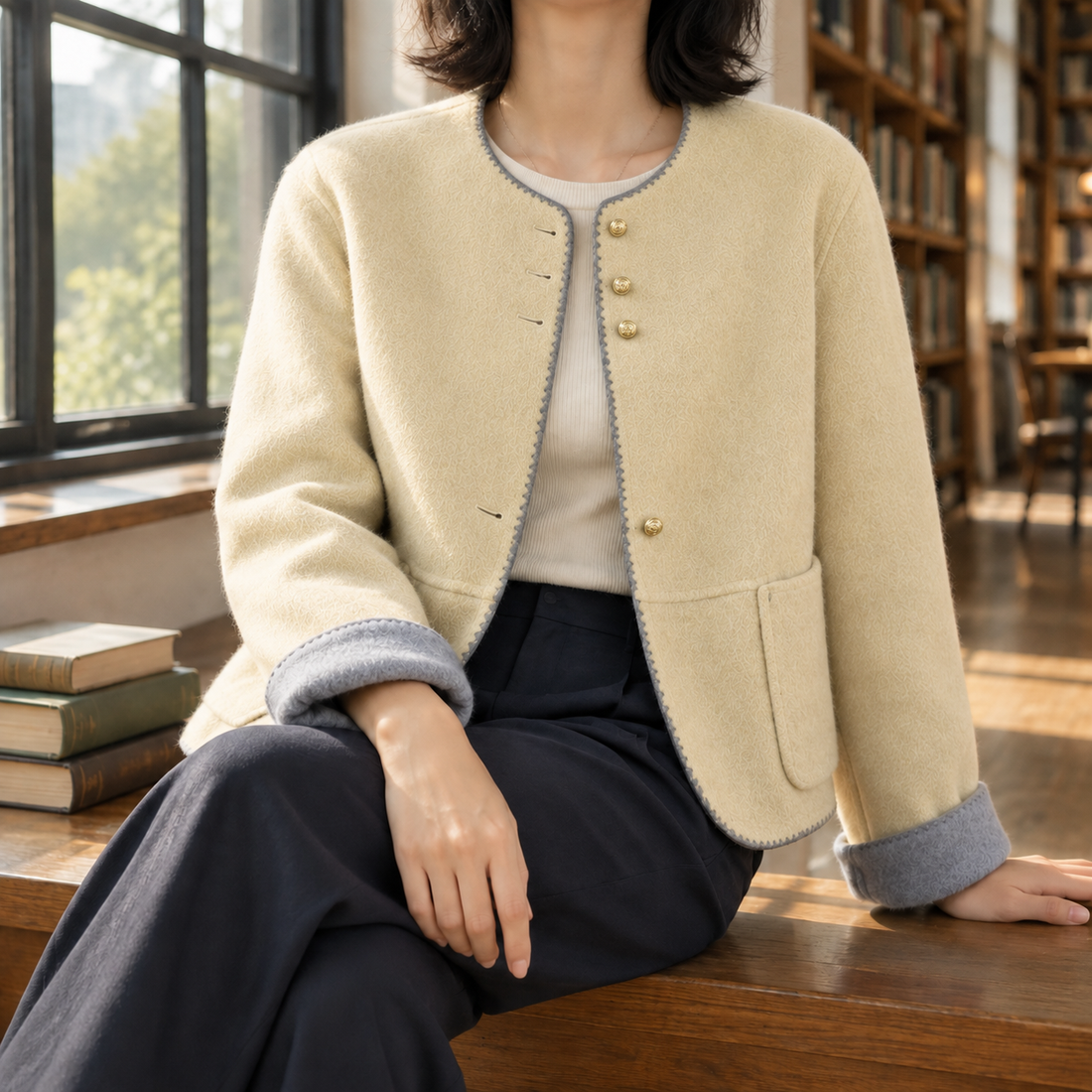 Apolline-Kate Contrast Trim Jacket - Light Yellow