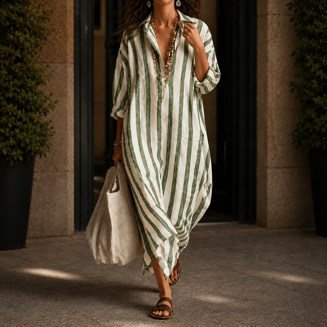 Adele Striped Shirt Dress - Green