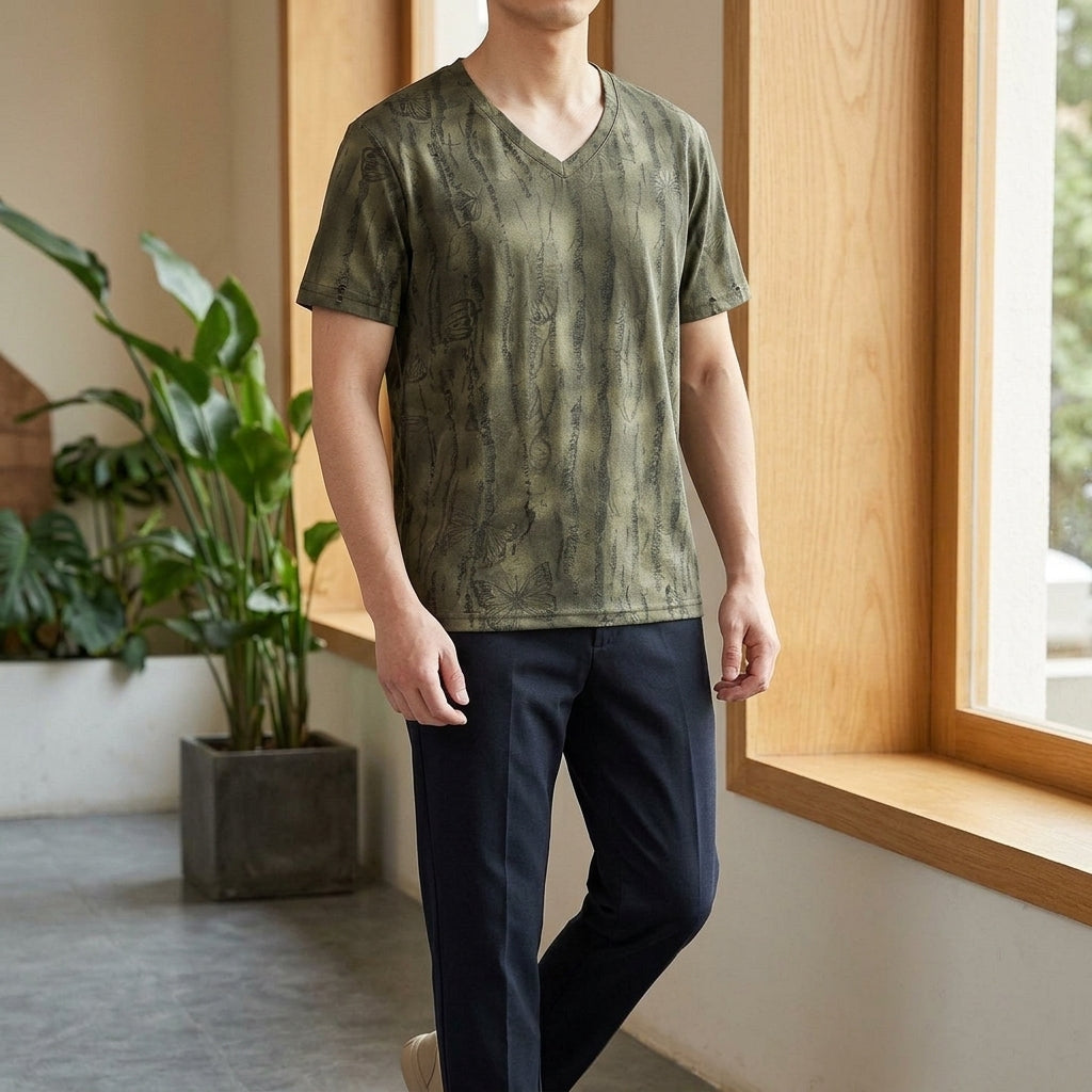Austin V Neck T-Shirt - Olive Green