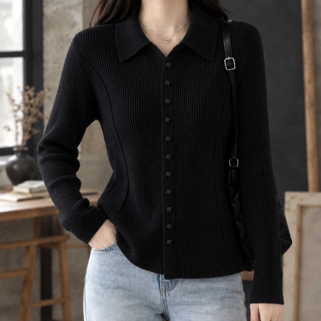 Fiona-Grace Ribbed Cardigan - Black