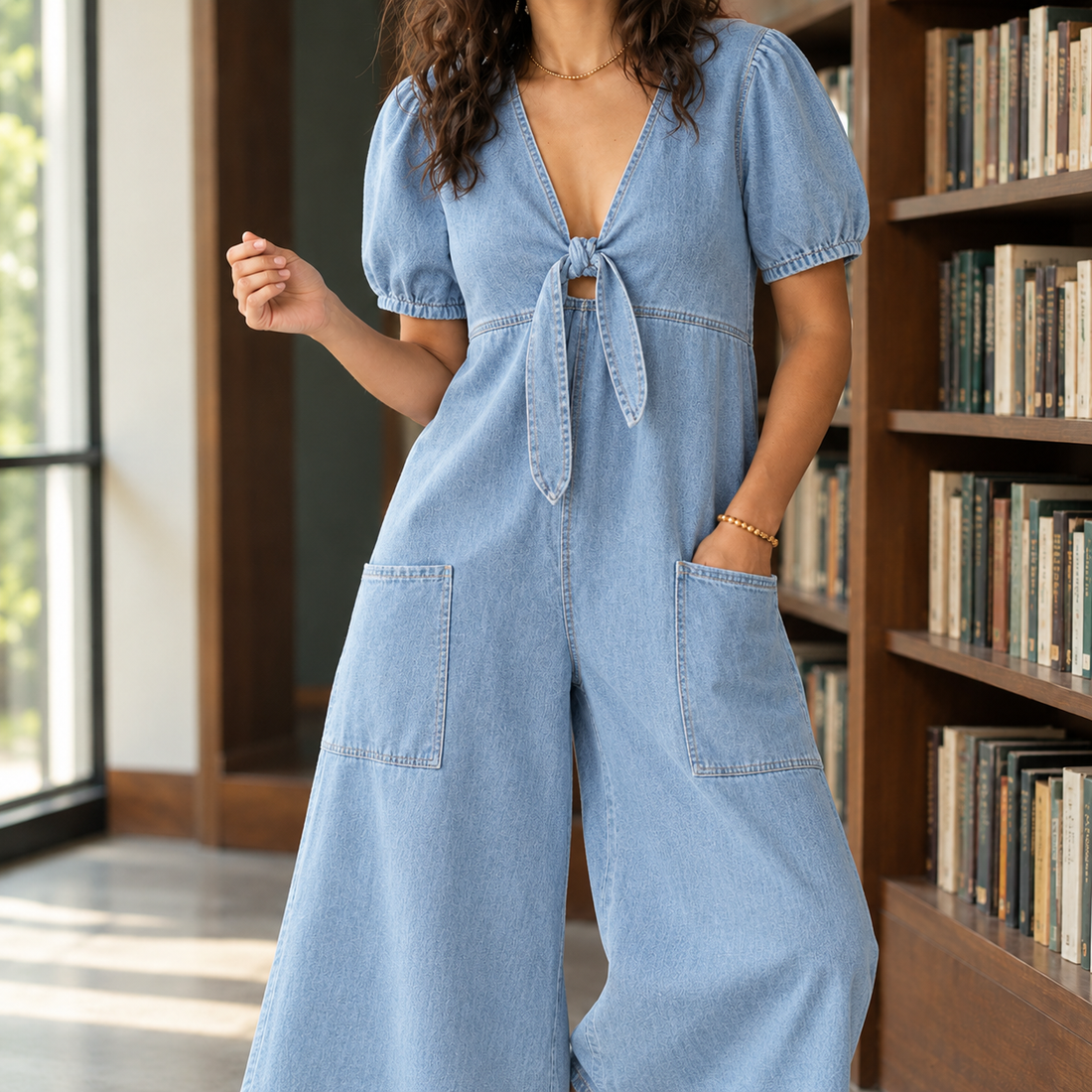 Olympia-Lane Tie Front Jumpsuit - Light Blue