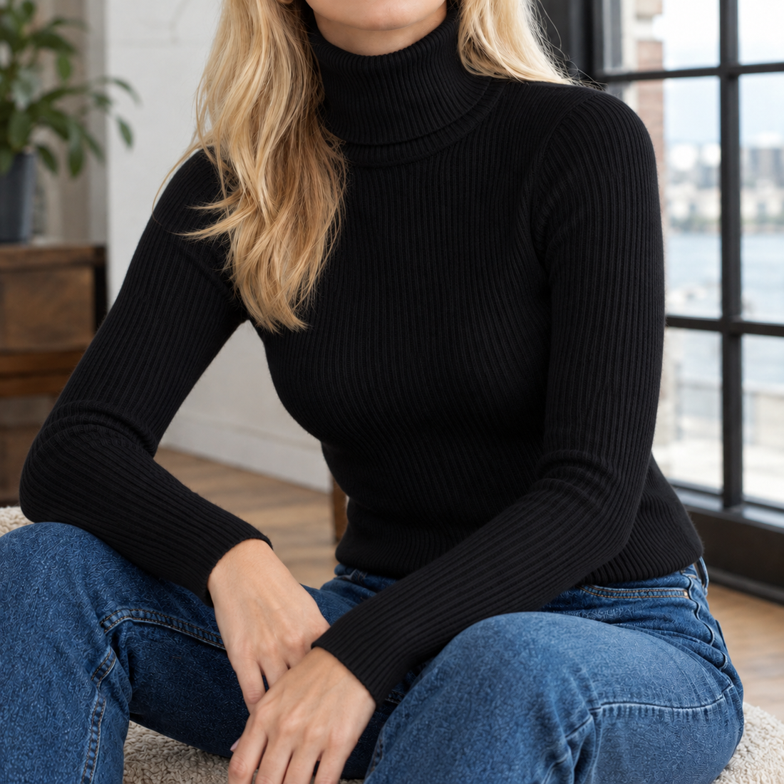 Perpetua-Grace Ribbed Turtleneck Sweater - Black