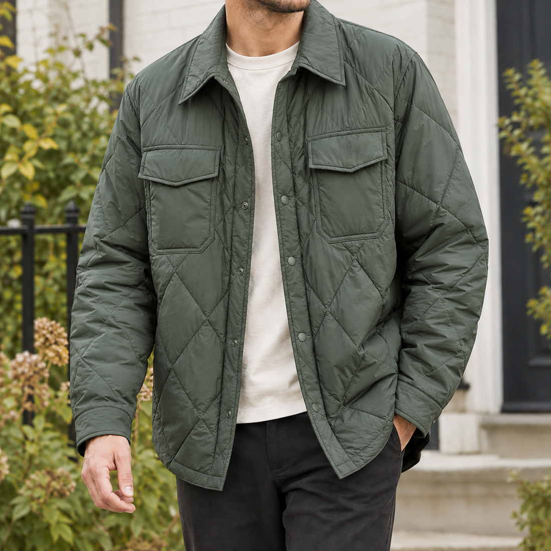 Gustave Quilted Shirt Overshirt - Army Green