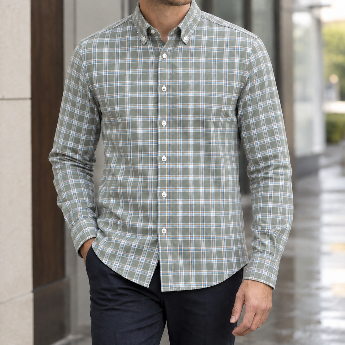 Brett Button Down Shirt - Sage Check