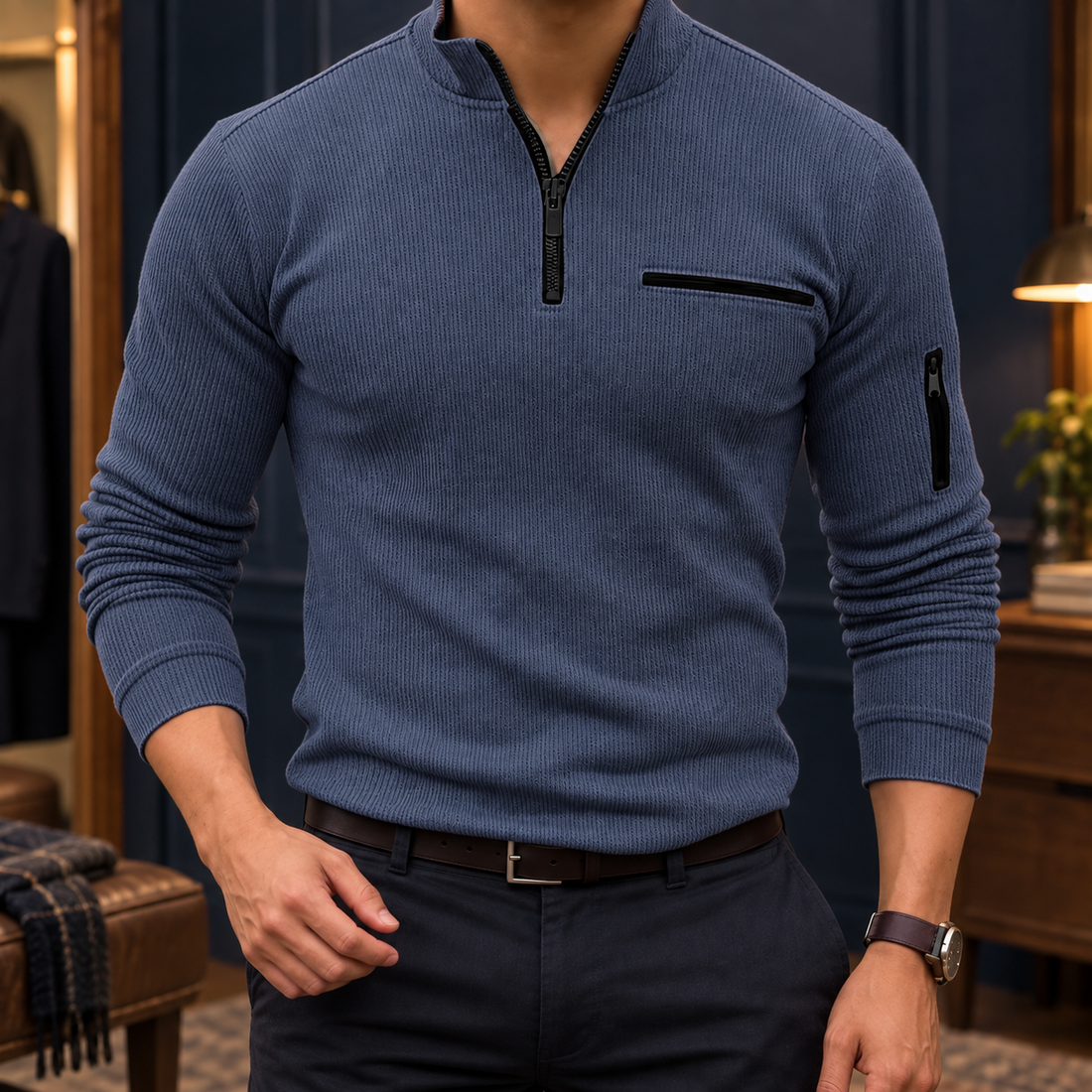 Blake Quarter-Zip Top - Stripe-card Navy Blue