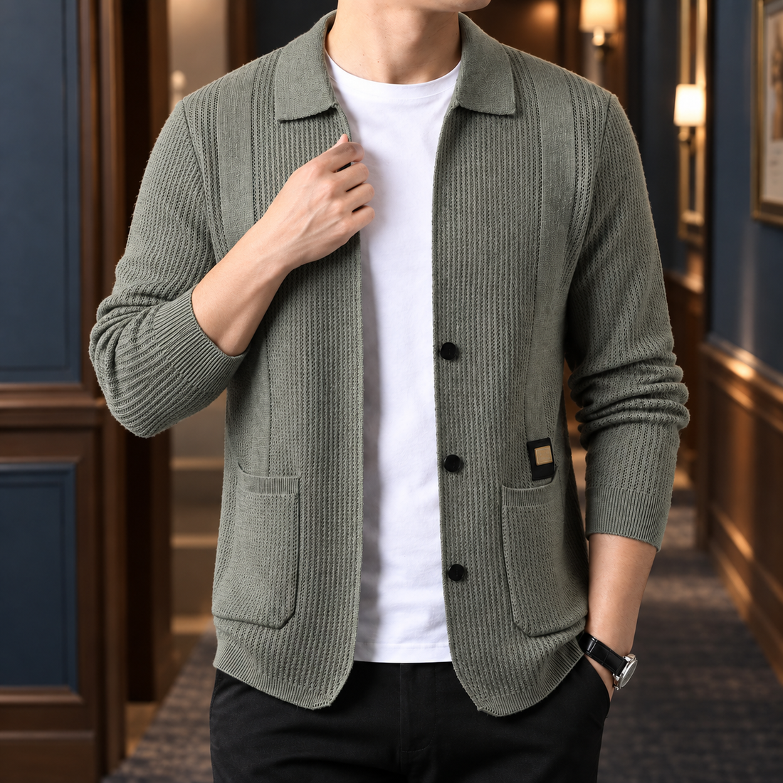 Emilio Collared Cardigan - Grayish Green