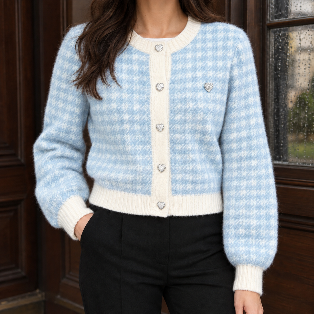 Alina-Rose Houndstooth Cardigan - Light Blue
