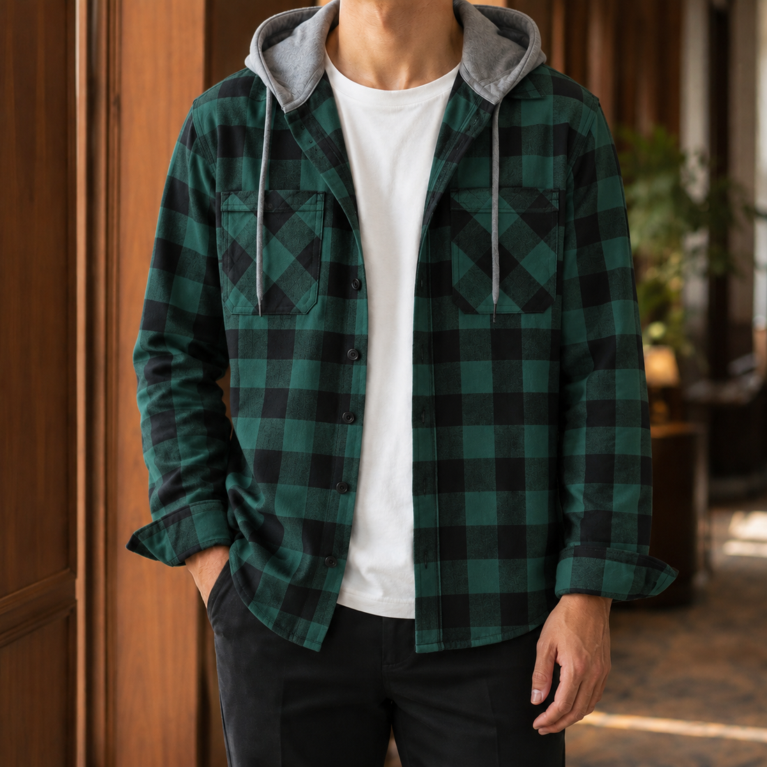 Gilles Plaid Hooded Overshirt - Green Plaid