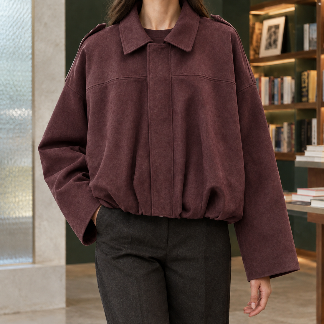 Jocasta-Skye Suede Bomber Jacket - Burgundy