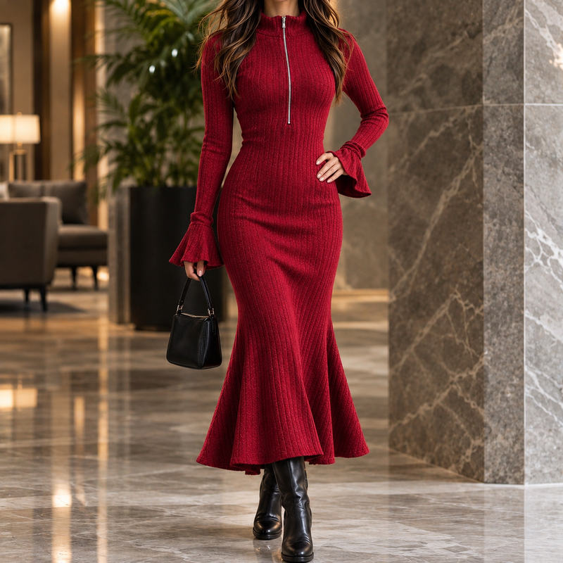 Honora-Claire Ribbed Zip Dress - Red