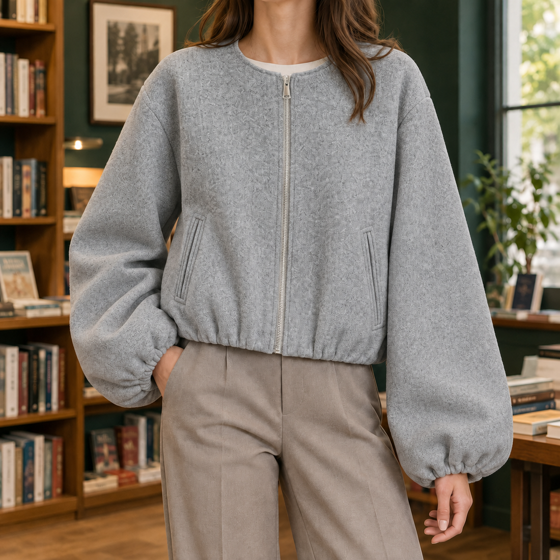 Erin-Eve Cropped Bomber Jacket - Gray