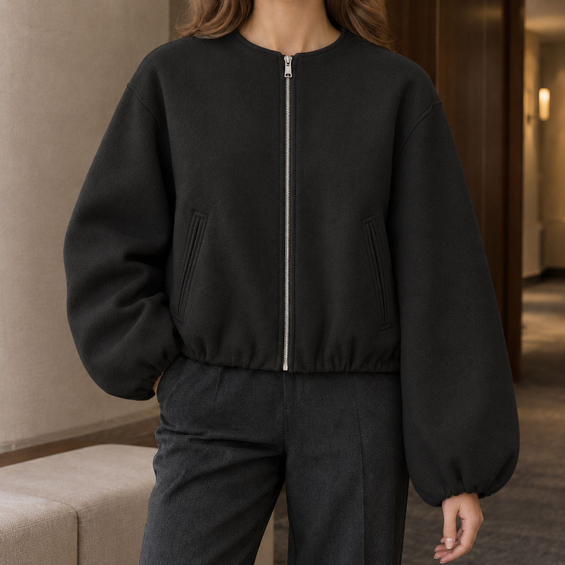 Pippa-Lane Balloon Sleeve Jacket - Black