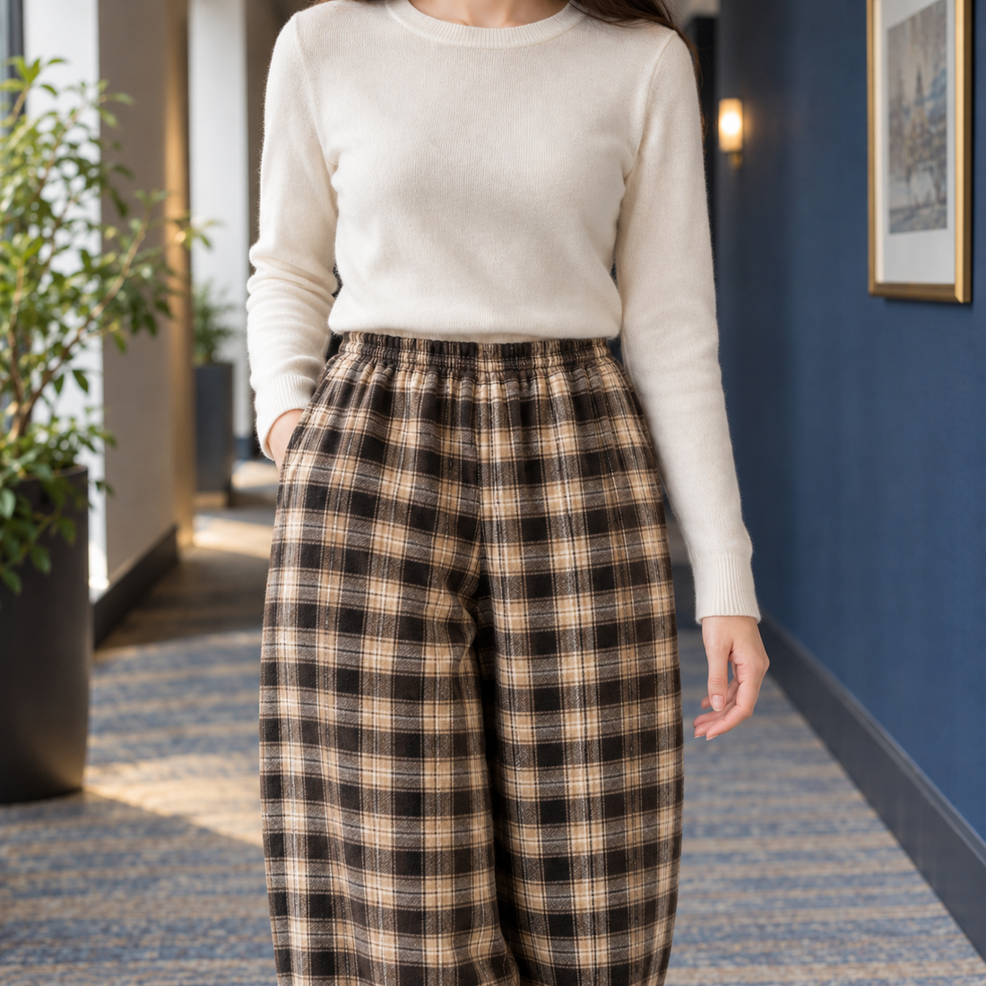 Sylvaine-Jane Straight Leg Pants - Plaid Brown