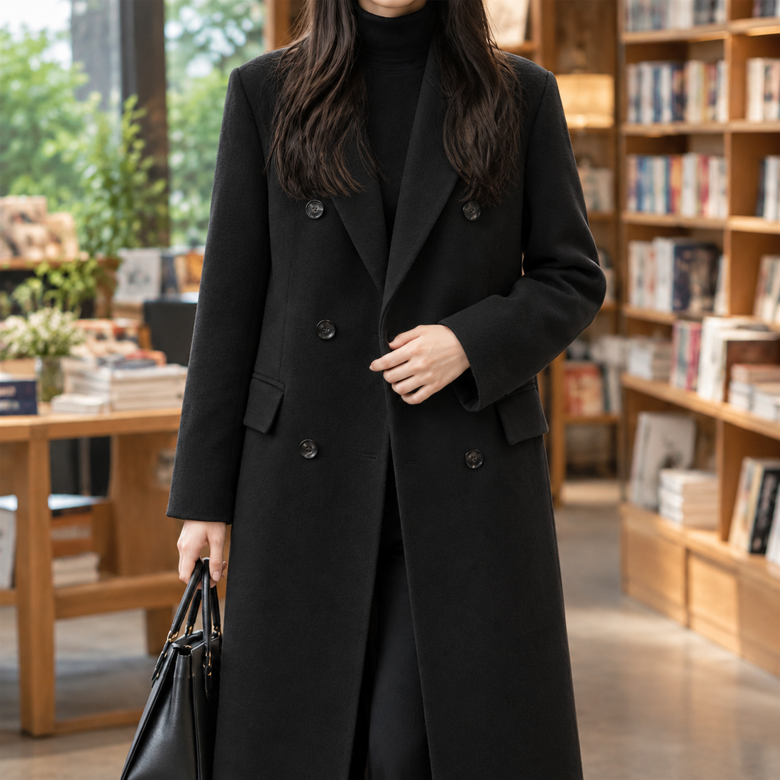 Guinevere-Lane Double Breasted Overcoat - Black