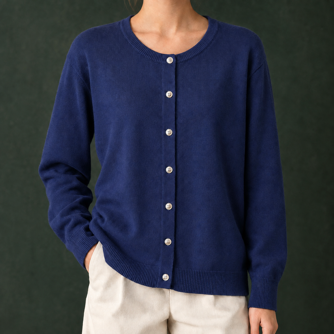Danielle-Elise Round Neck Cardigan - Navy Blue