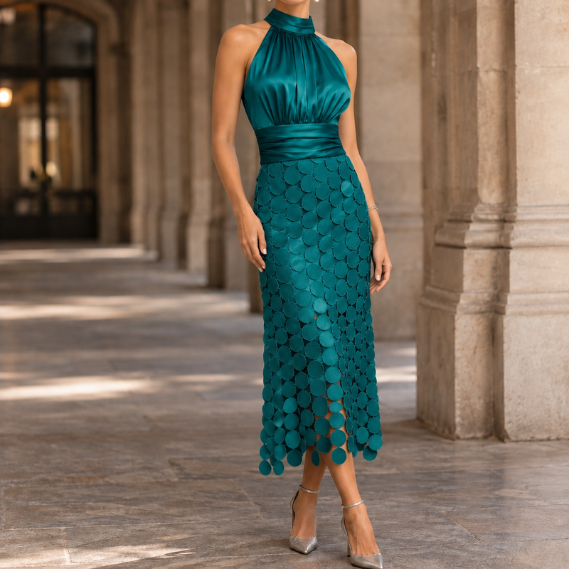 Madeleine-Lane Disc Appliqué Dress - Peacock Green