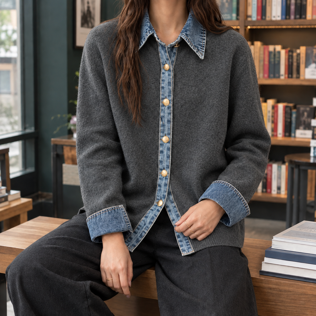 Azalea-Elise Denim Trim Cardigan - Dark Gray