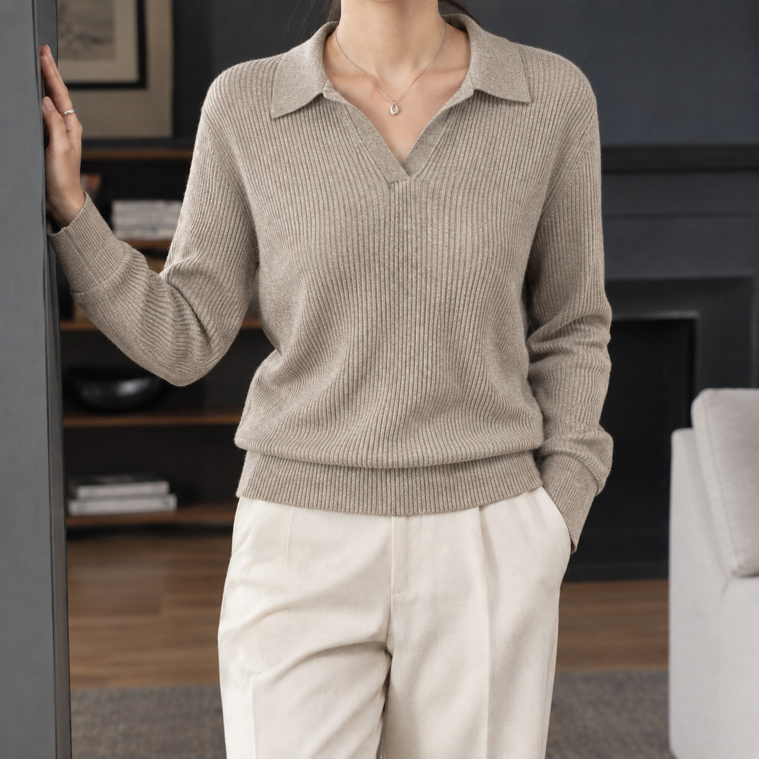 Xaviera-Elise Ribbed Polo Sweater - Beige