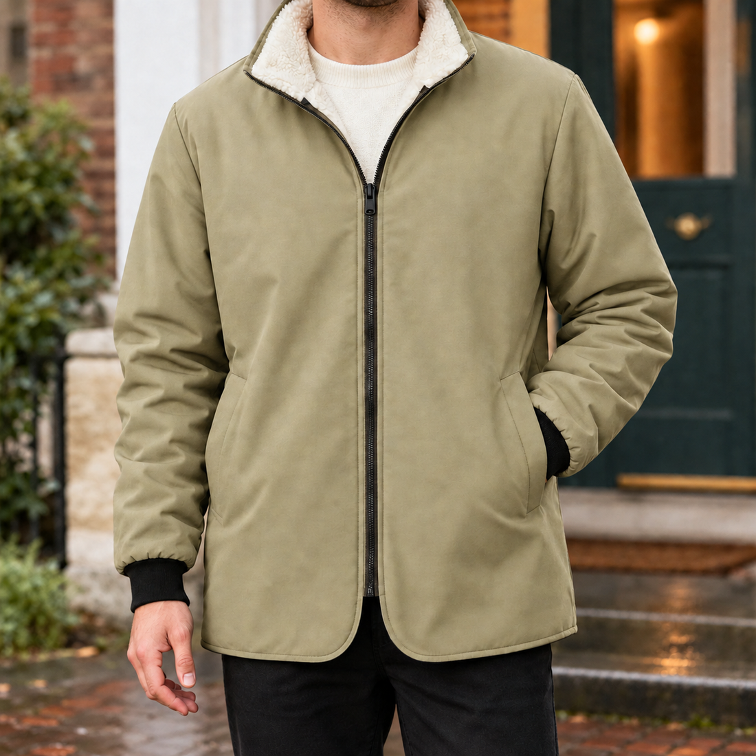 Dario Fleece-Lined Jacket - Texture - Khaki