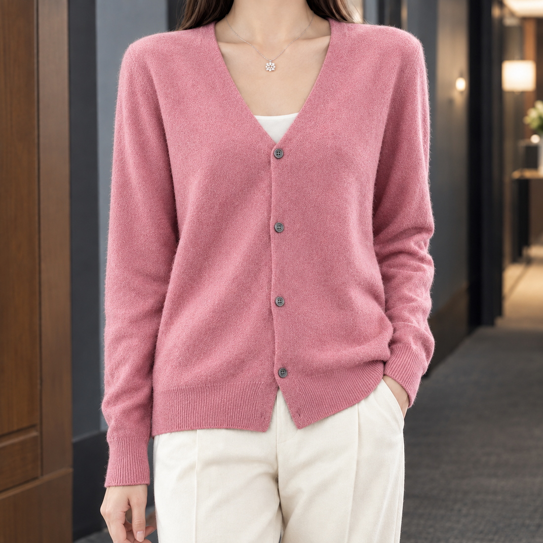 Zelie-Faye V-Neck Cardigan - Pink
