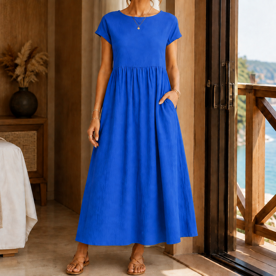 Elena-Louise Gathered Midi Dress - Bleu Azur