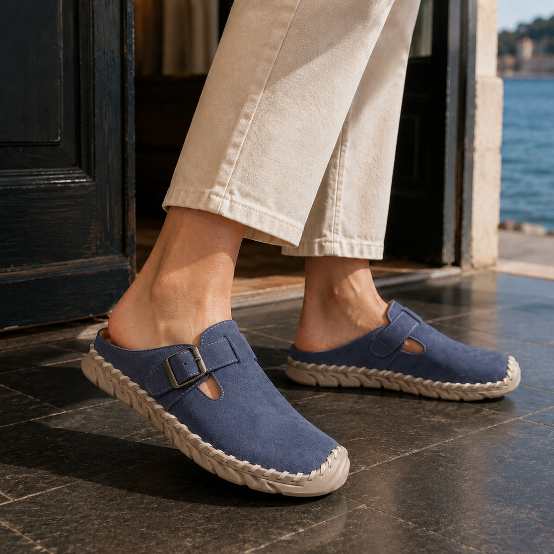 Bernardi Buckle Mules - Sea Blue