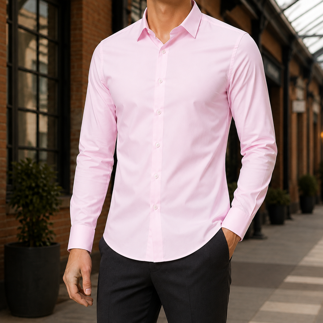 Colm Slim Shirt - Long Sleeve Solid Color Shirt Pink