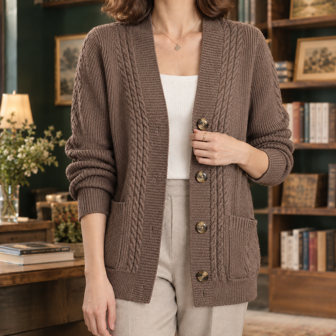 Susannah Cable Knit Cardigan - Brown
