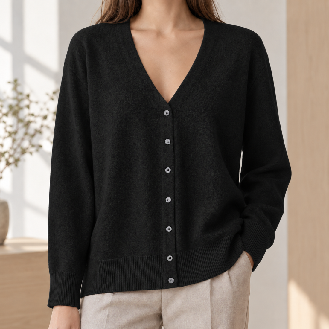 Honoria Button Cardigan - Black
