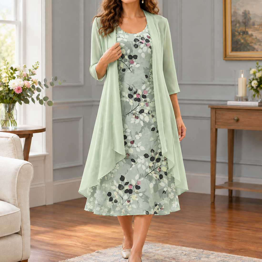 Helena-Rose Floral Dress Set - Light Green