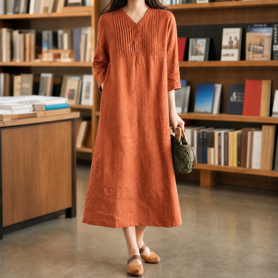 Veronique-Eve Pintuck Maxi Dress - Orange