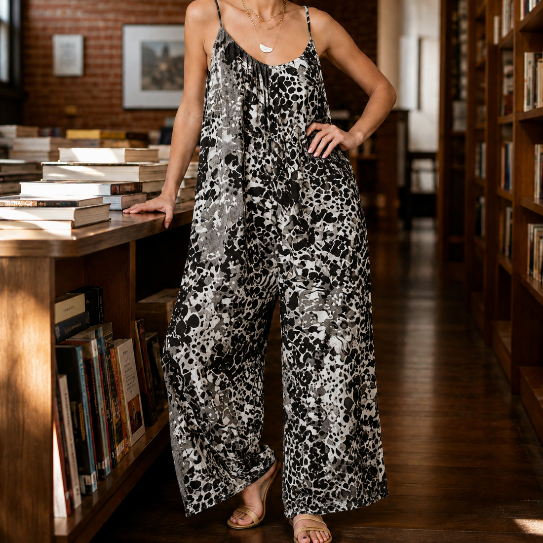 Caroline Wide Leg Jumpsuit - Black Spots