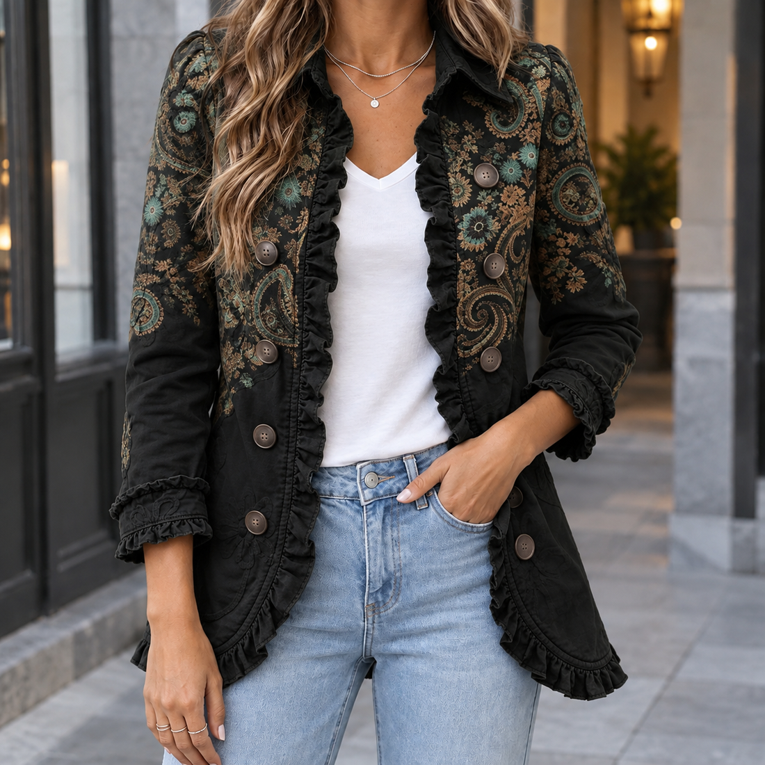 Jemima-Grace Ruffle Jacket - Black Paisley