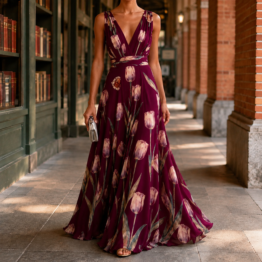 Annabel-Lane Deep V Dress - Burgundy