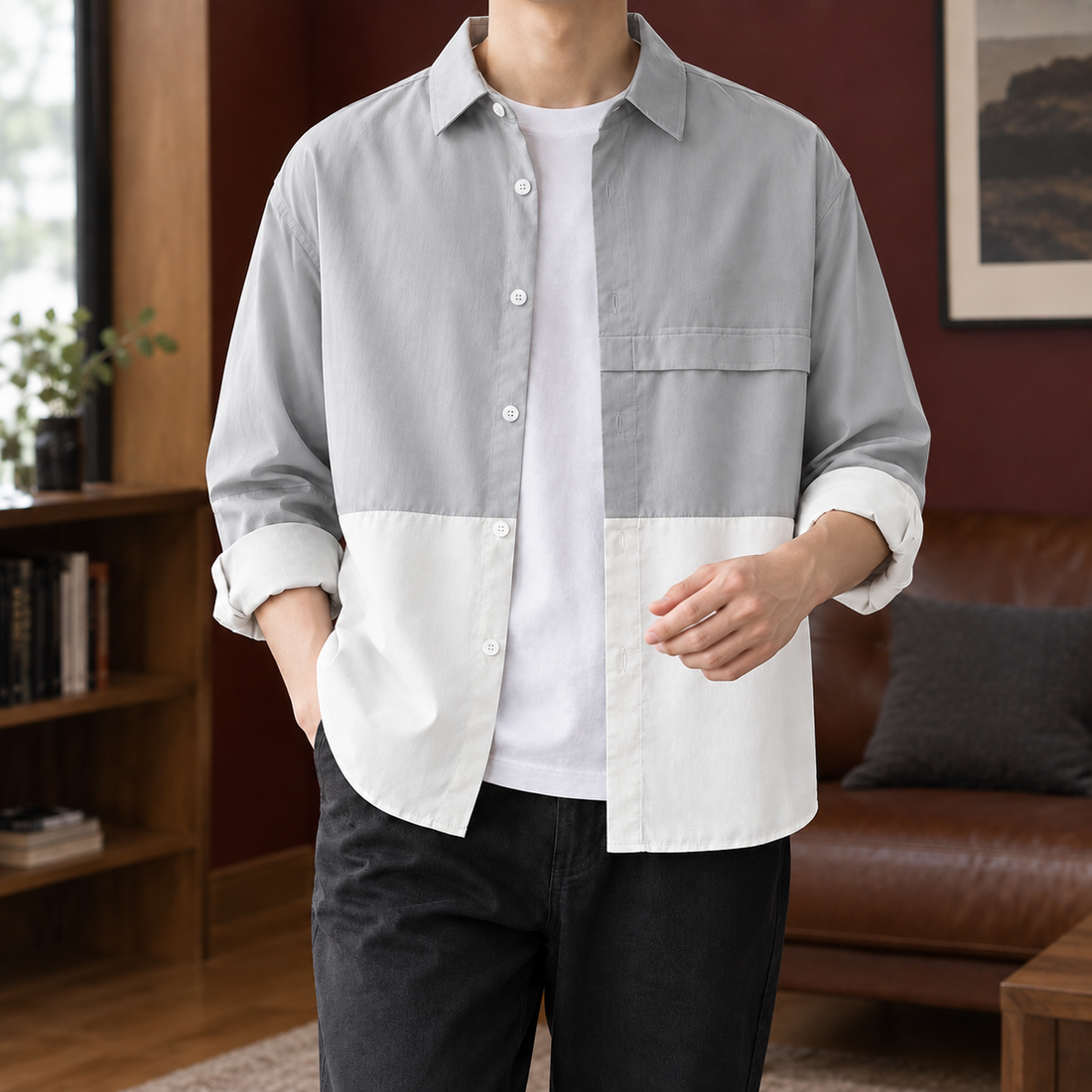 Laurence Color Block Overshirt - Gray White