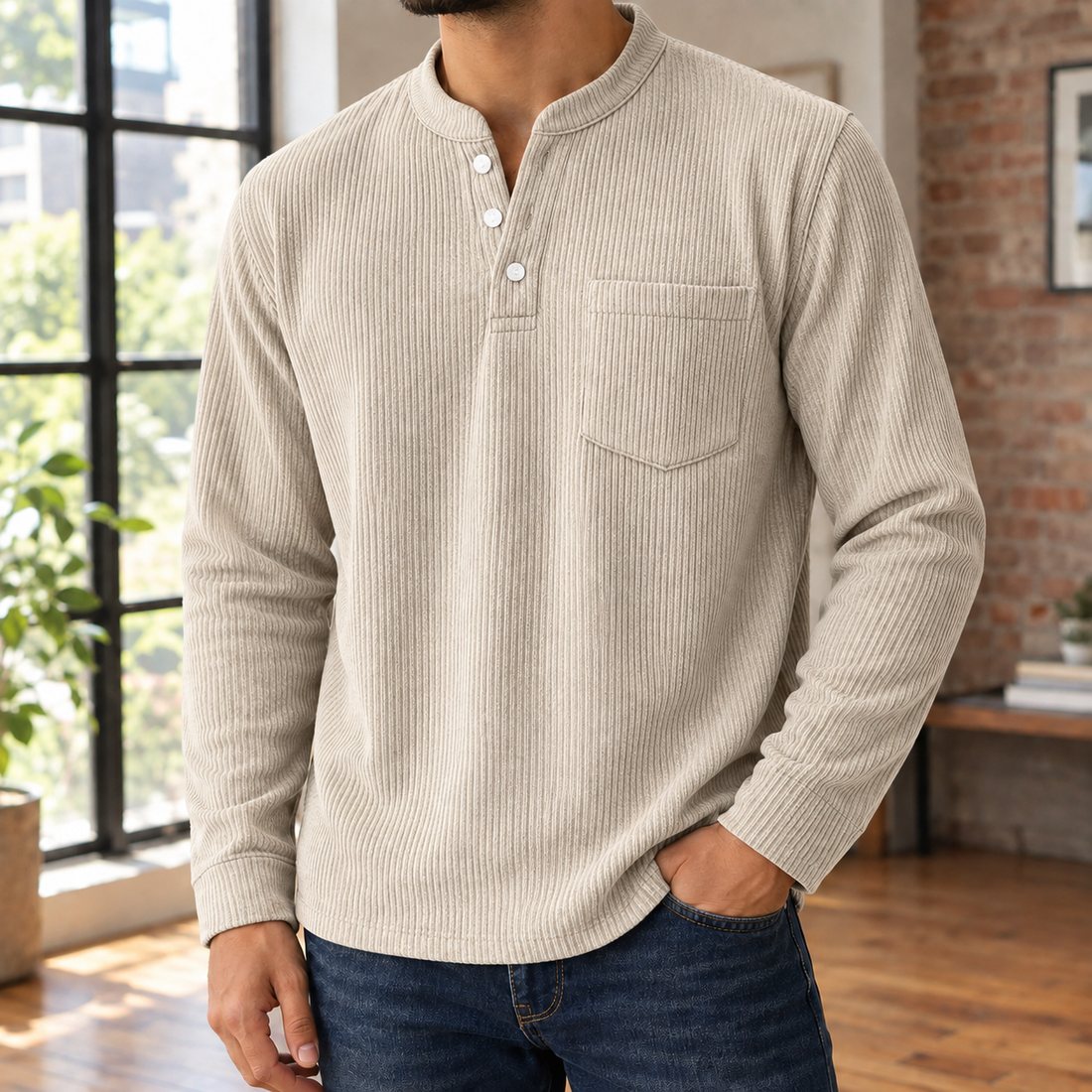 Dorian Ribbed Henley - Beige