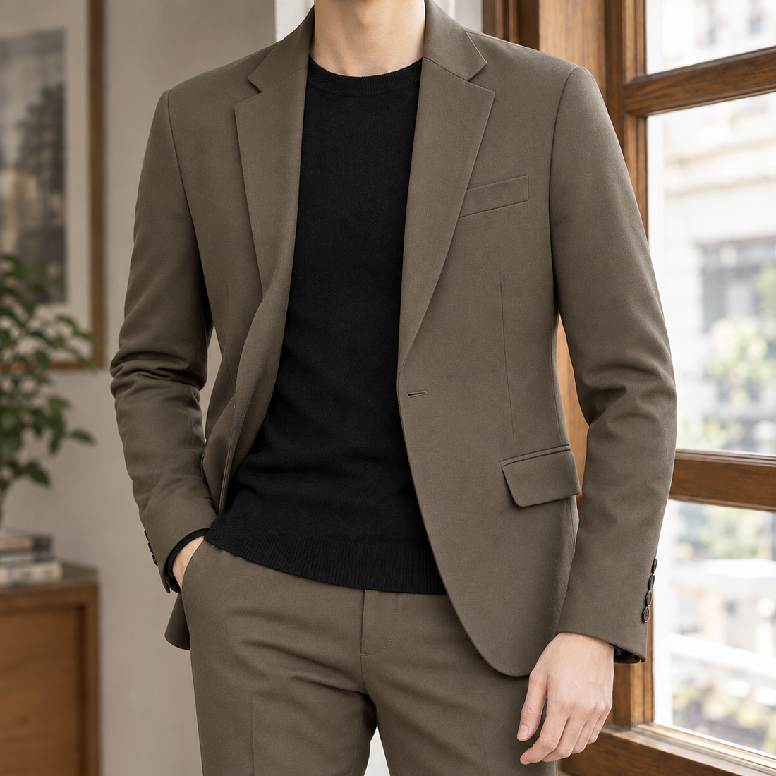 Ancel Slim Fit Blazer - Dark Khaki Single West