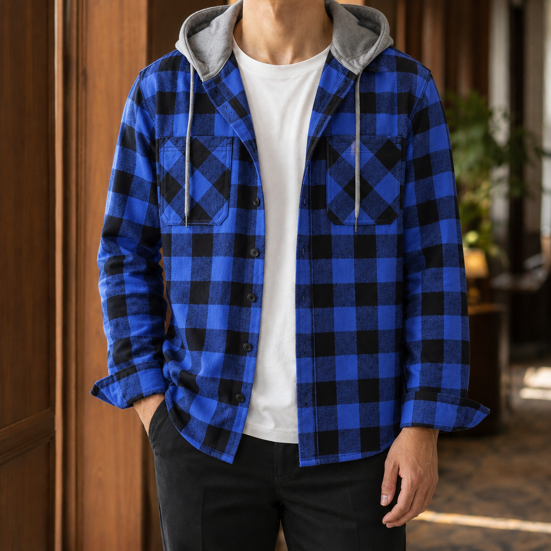 Gilles Plaid Hooded Overshirt - Blue Plaid