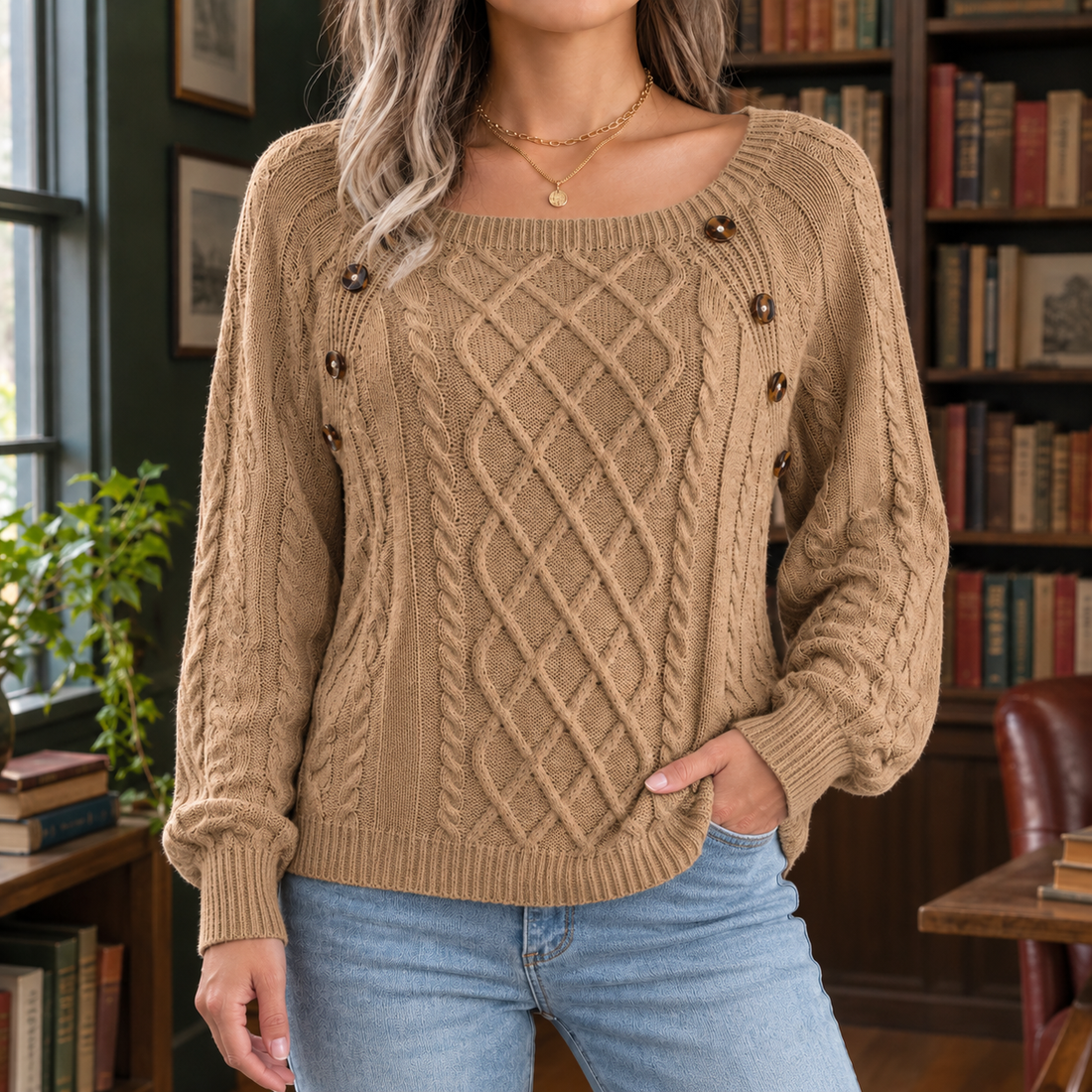Fenna-Elise Square Neck Sweater - Khaki
