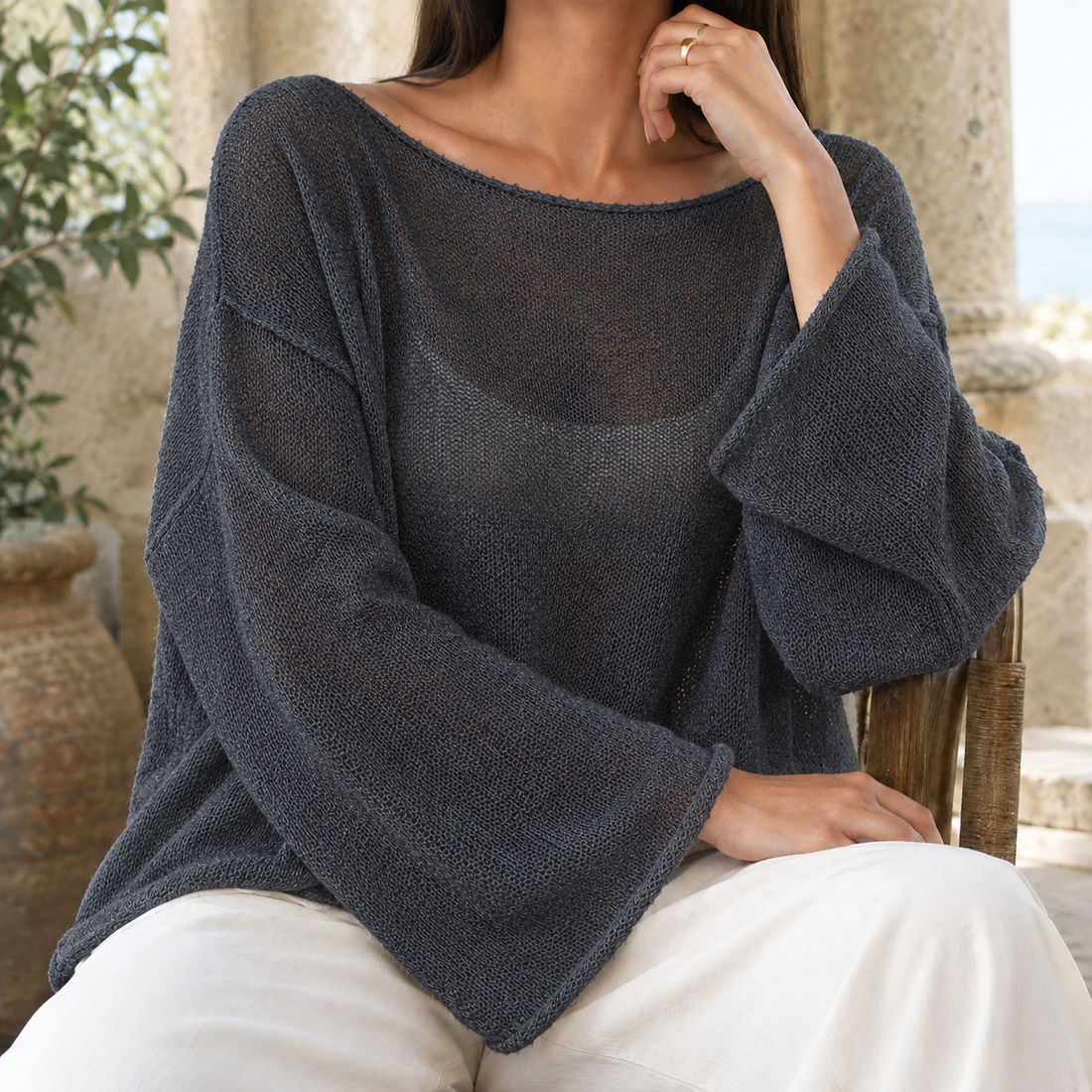 Ilaria-Rae Boat Neck Top - Dark Gray