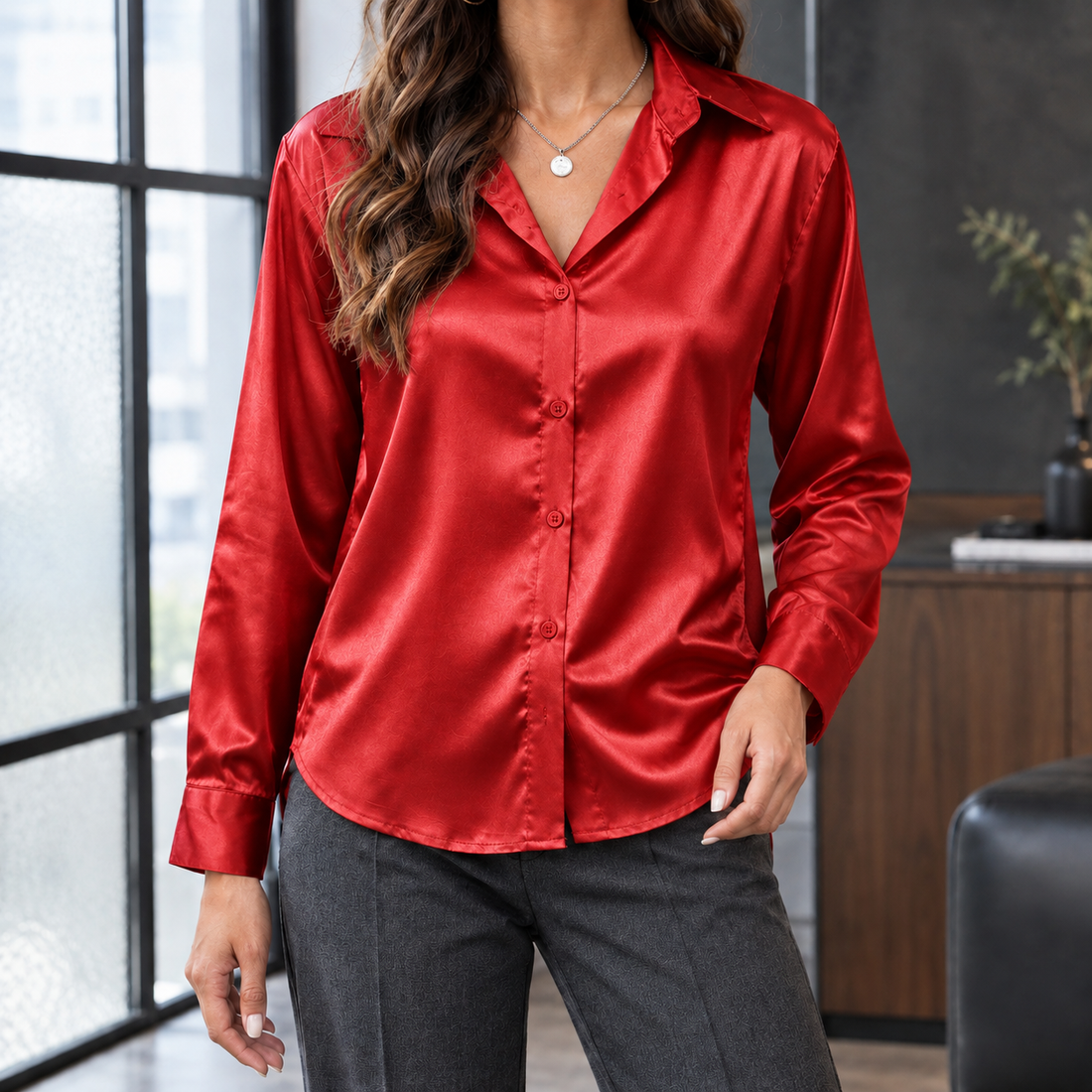 Tiffany Satin Shirt - Bright Red