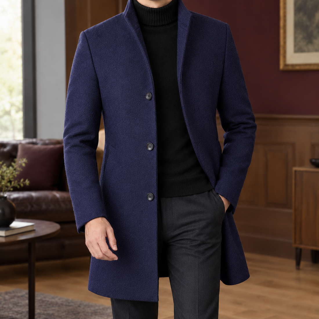 Wyatt Single Breasted Overcoat - Navy Blue