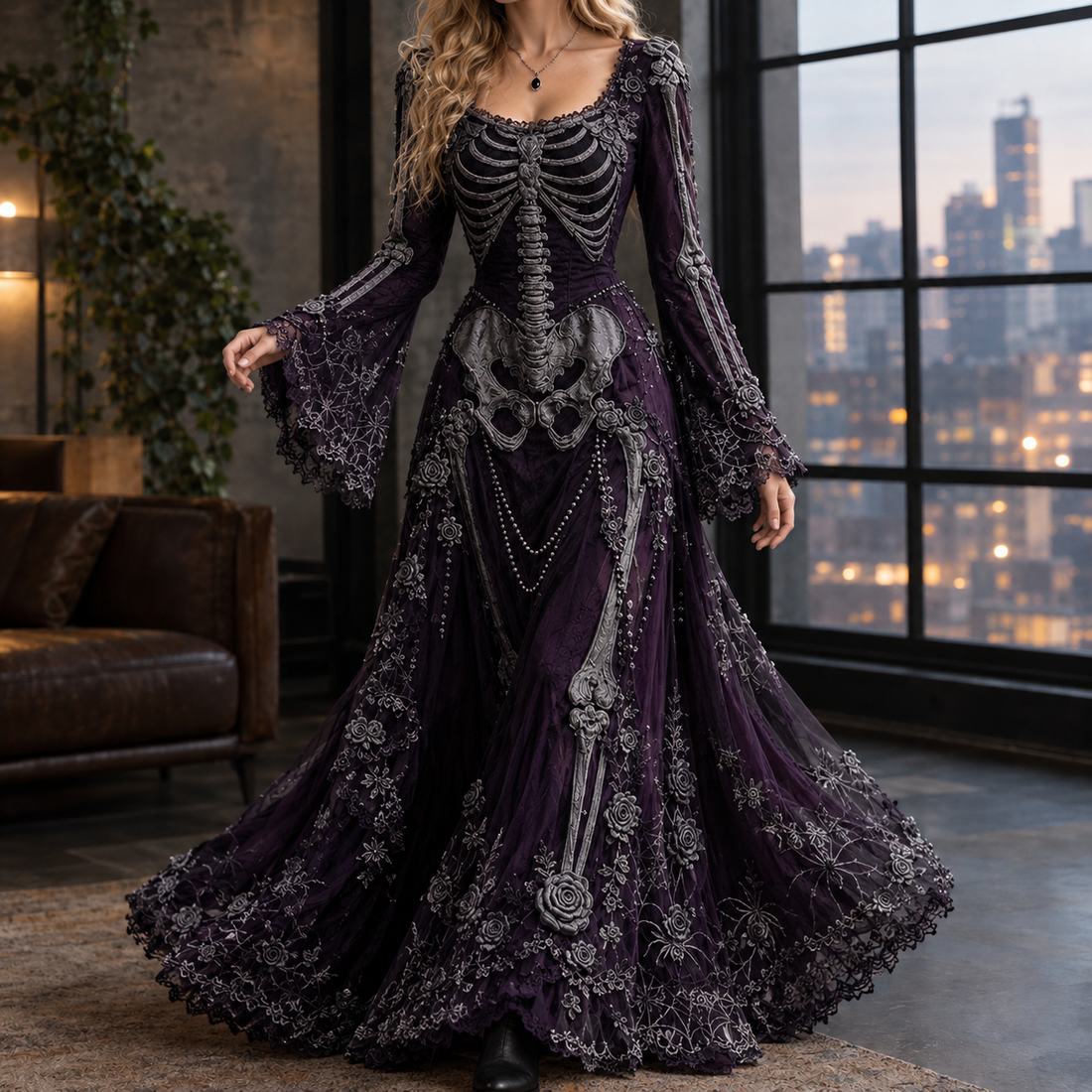 Lucinda-Elise Skeleton Maxi Dress - Black Purple