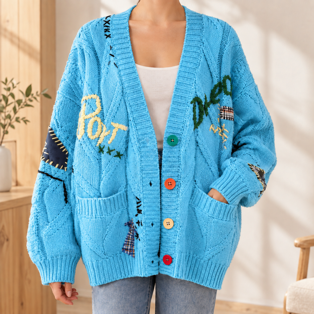Azalea-Claire Embroidered Cardigan - Light Blue