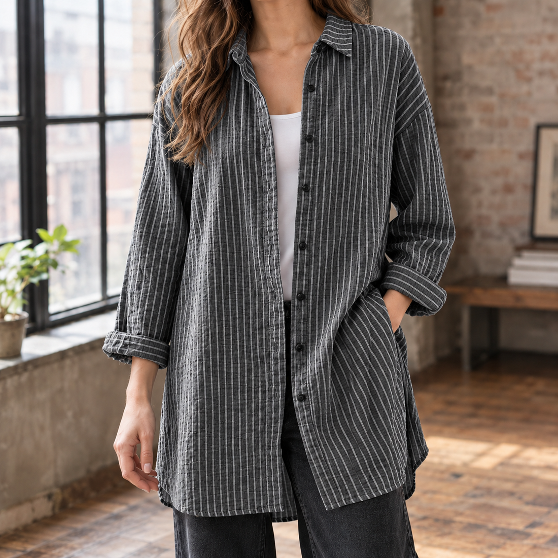 Leontine Relaxed Shirt - Charcoal Striped